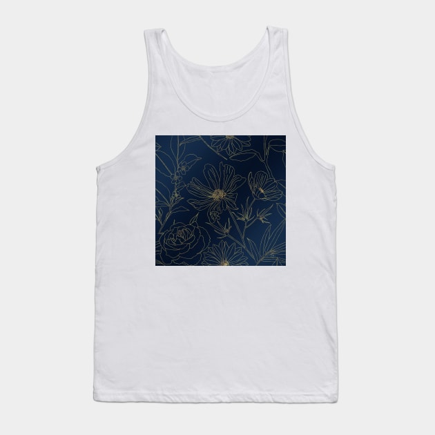 Elegant Blue Gold Flowers Line Art Tank Top by NdesignTrend